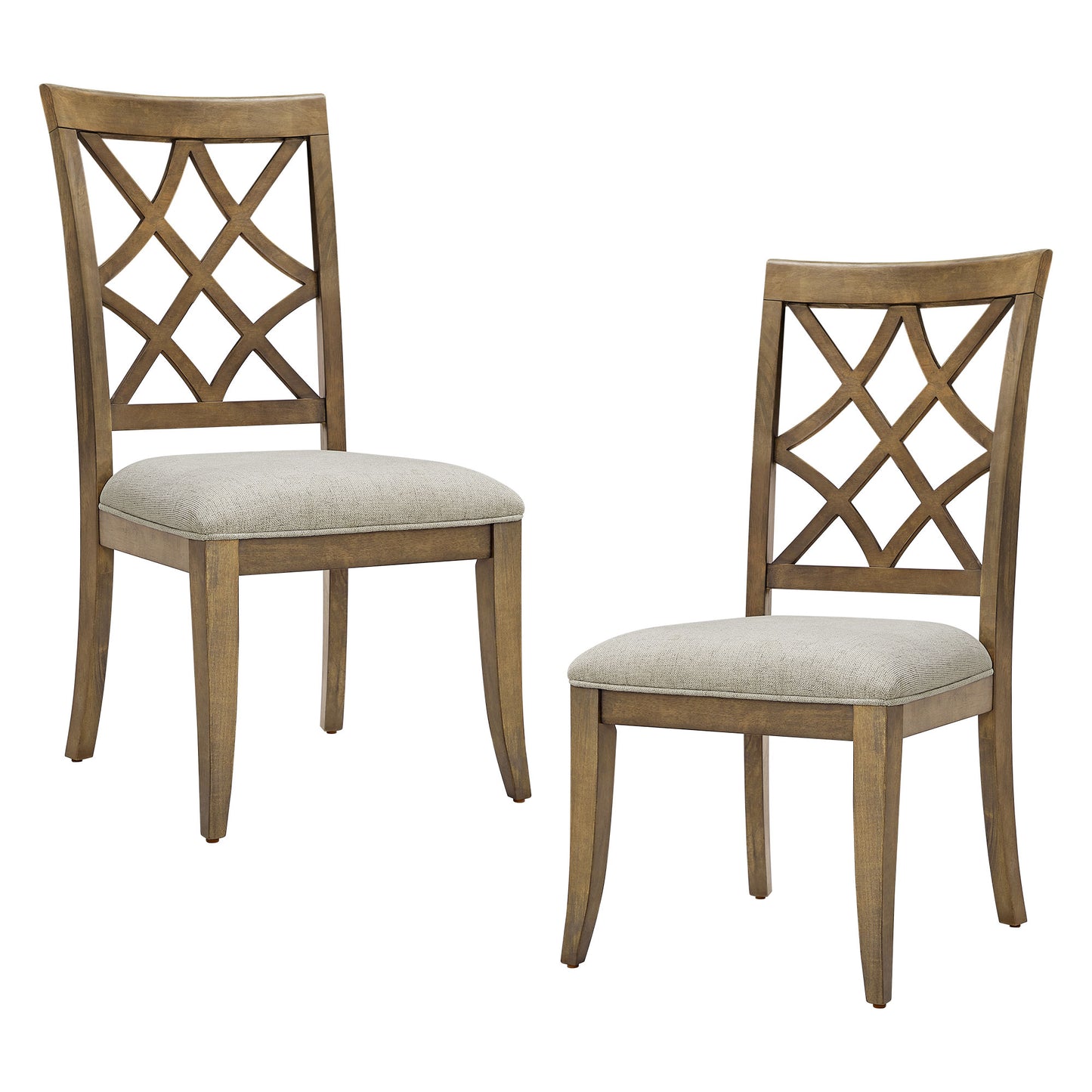 Two rustic wood dining chairs with diamond lattice backs and light gray upholstered seats