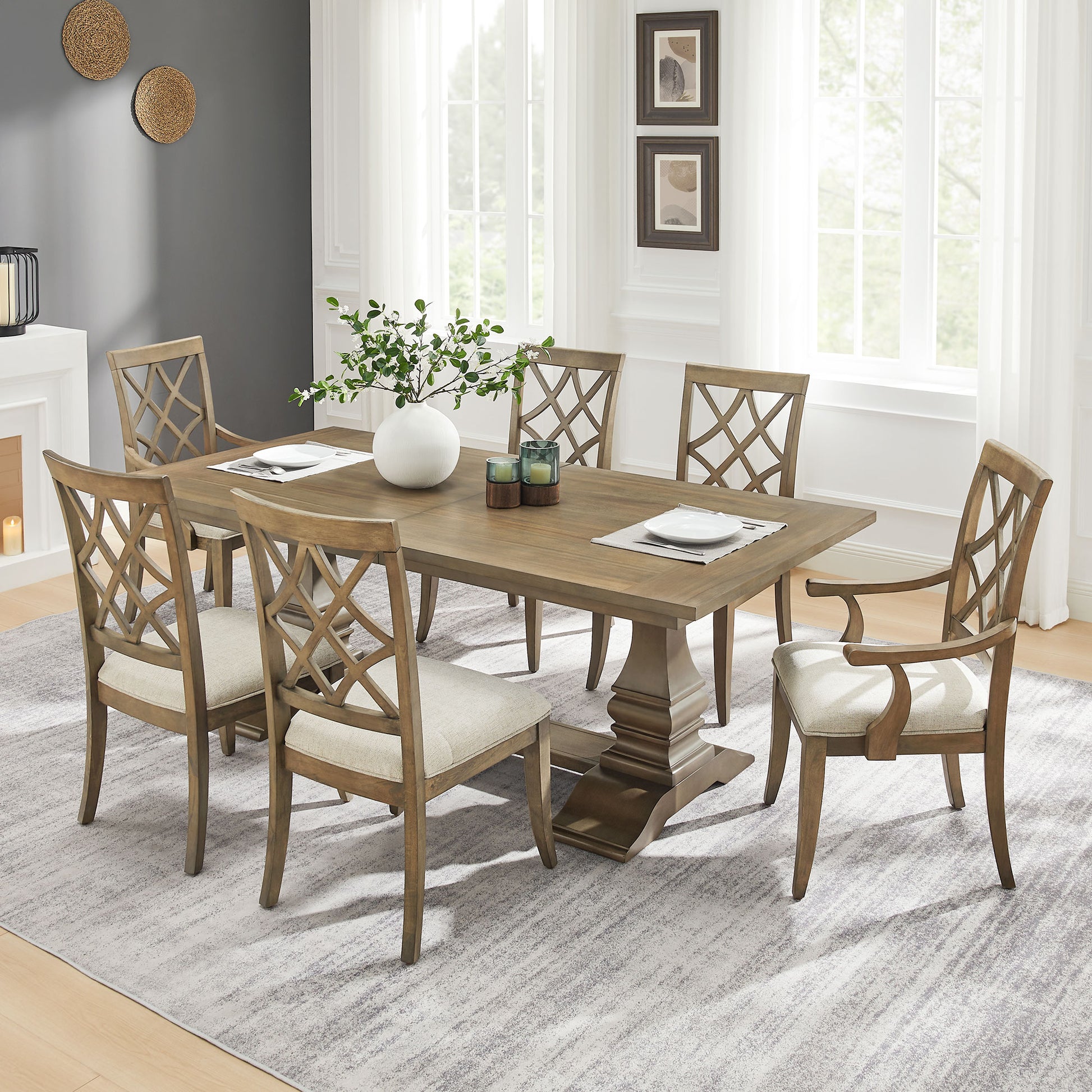 Rustic wood dining table with upholstered chairs and lattice back