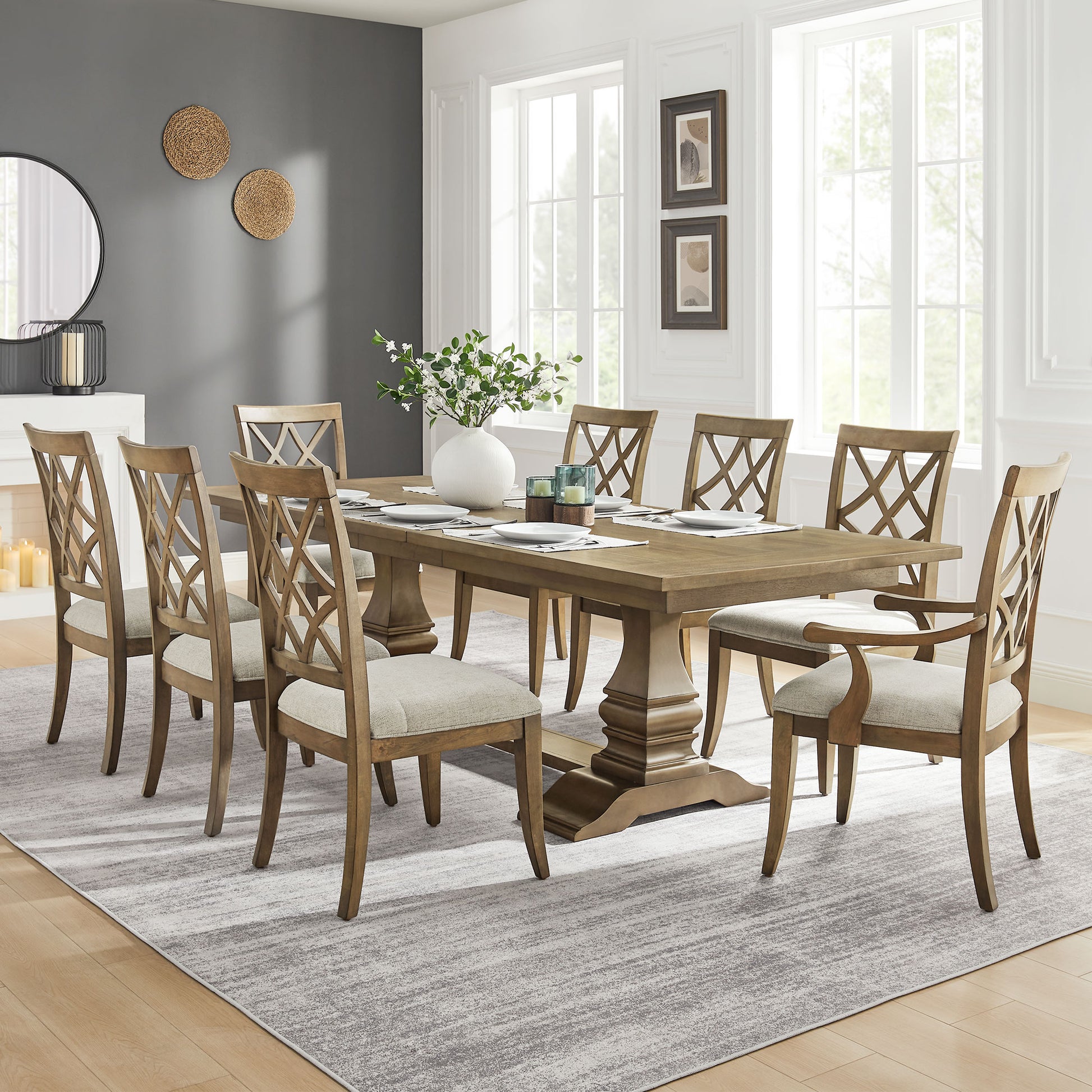 Wooden dining table and chairs with upholstered seats for formal dining