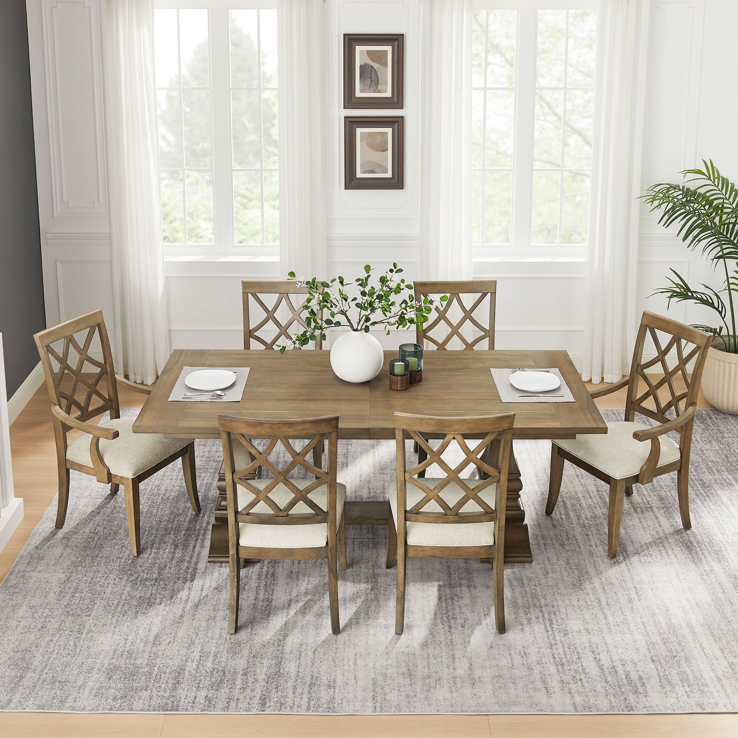 Solid wood dining table with six upholstered chairs