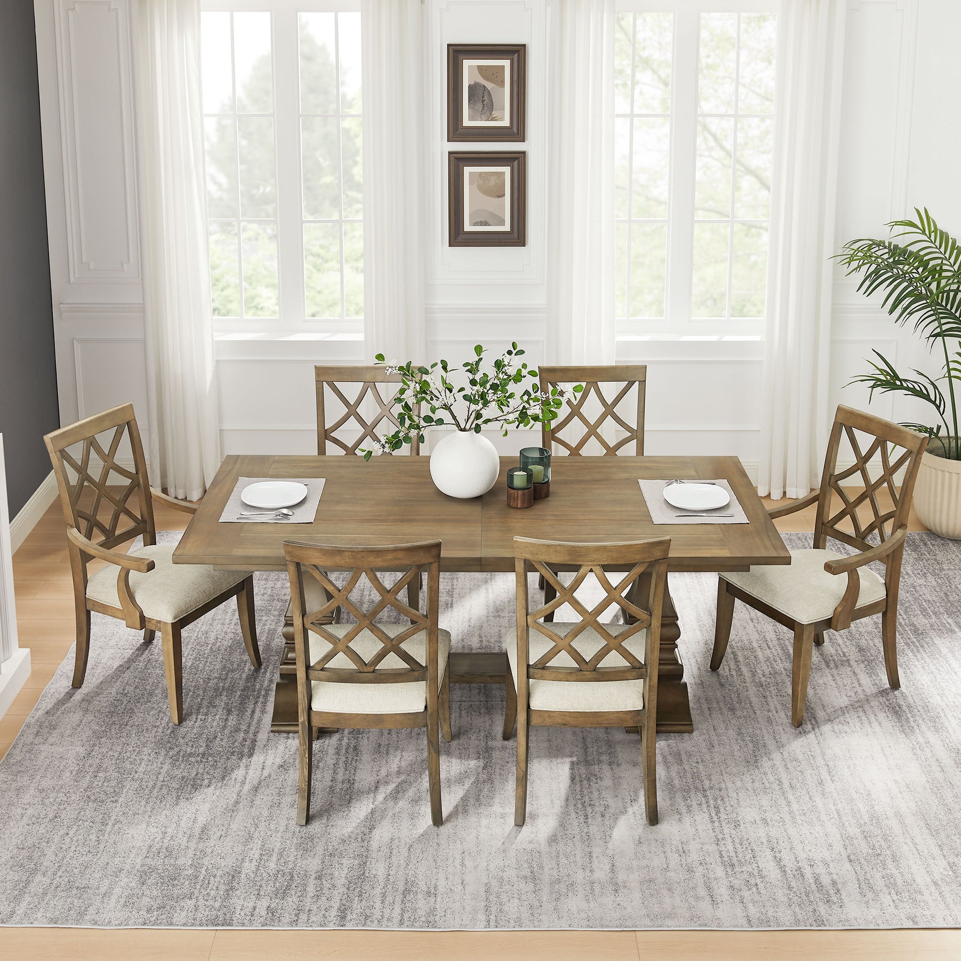 Solid wood dining table with six upholstered chairs