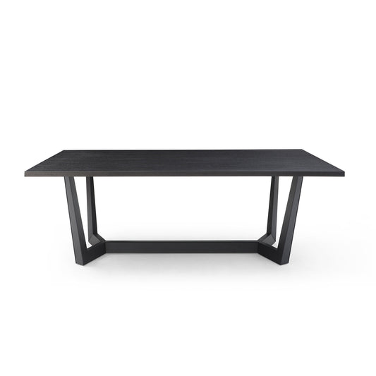 Dark oak dining table with modern geometric black metal legs
