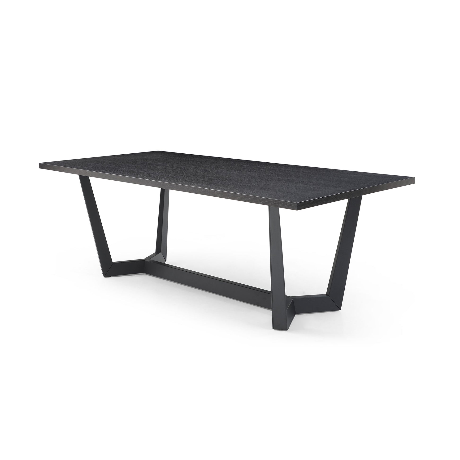 Dark grey textured dining table with black metal geometric legs