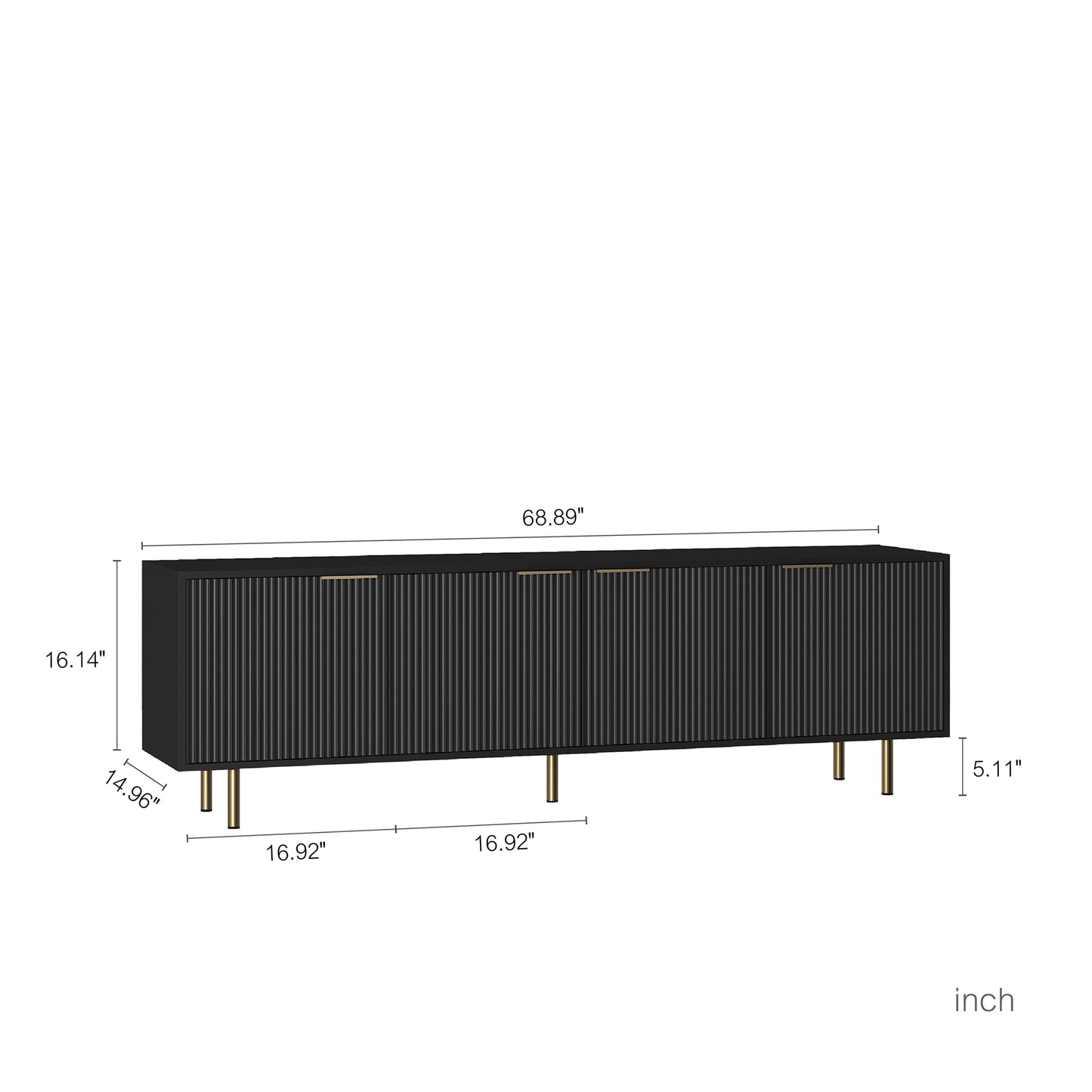Black fluted sideboard with gold handles and legs