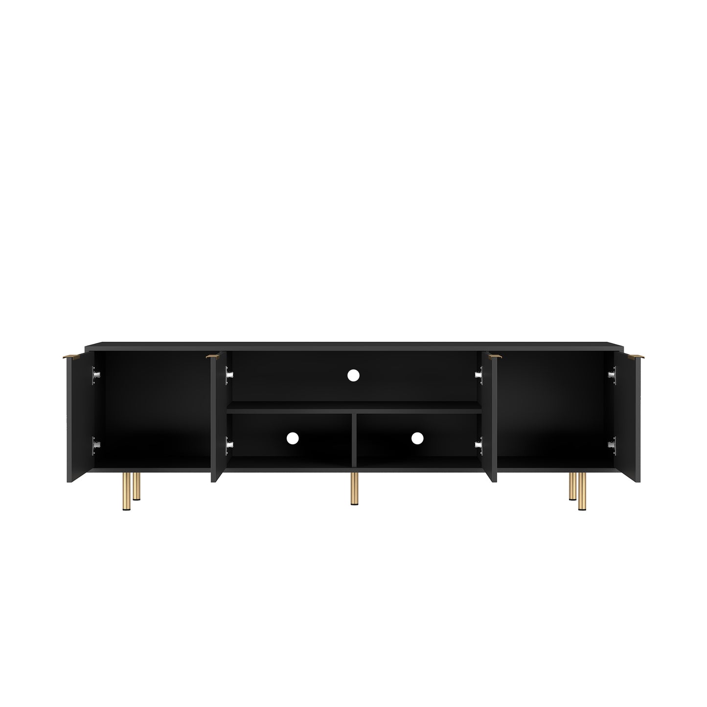Modern black media console with gold legs and open storage compartments