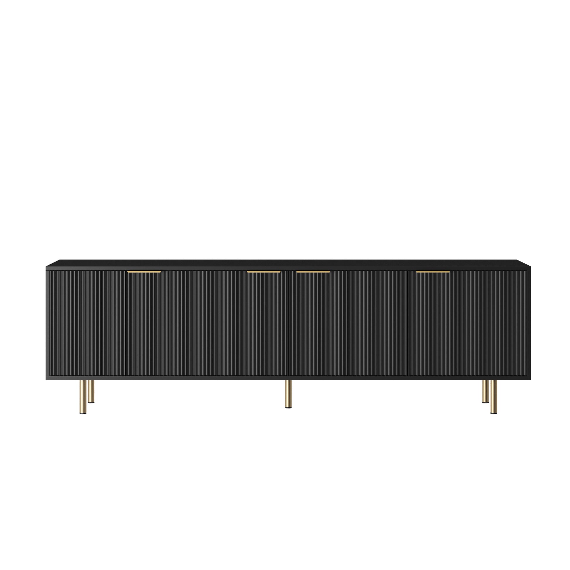 Black fluted sideboard with gold hardware and brass legs