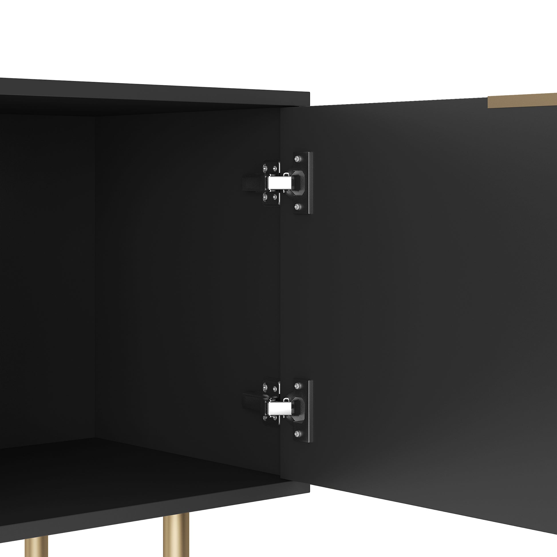Black cabinet with brass legs and two open doors showing chrome hinges