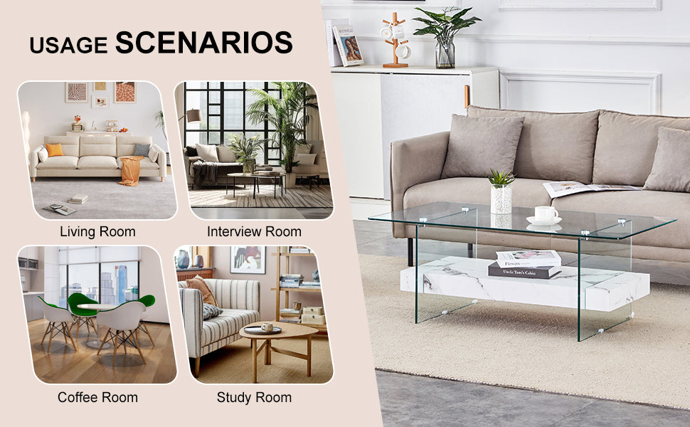 Modern glass coffee table with marble shelf