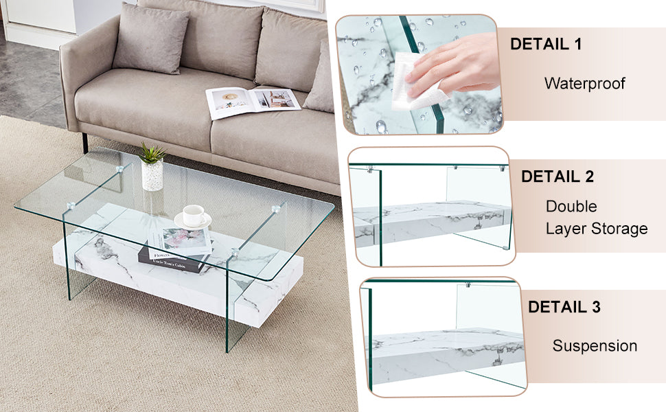 Modern glass coffee table with marble base and doublelayer storage
