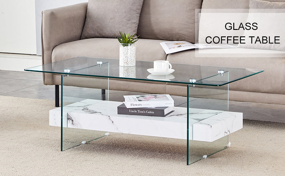 Modern glass coffee table with marble shelf