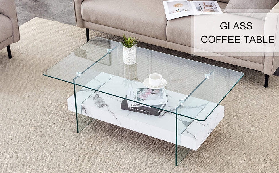 Modern glass coffee table with faux marble base