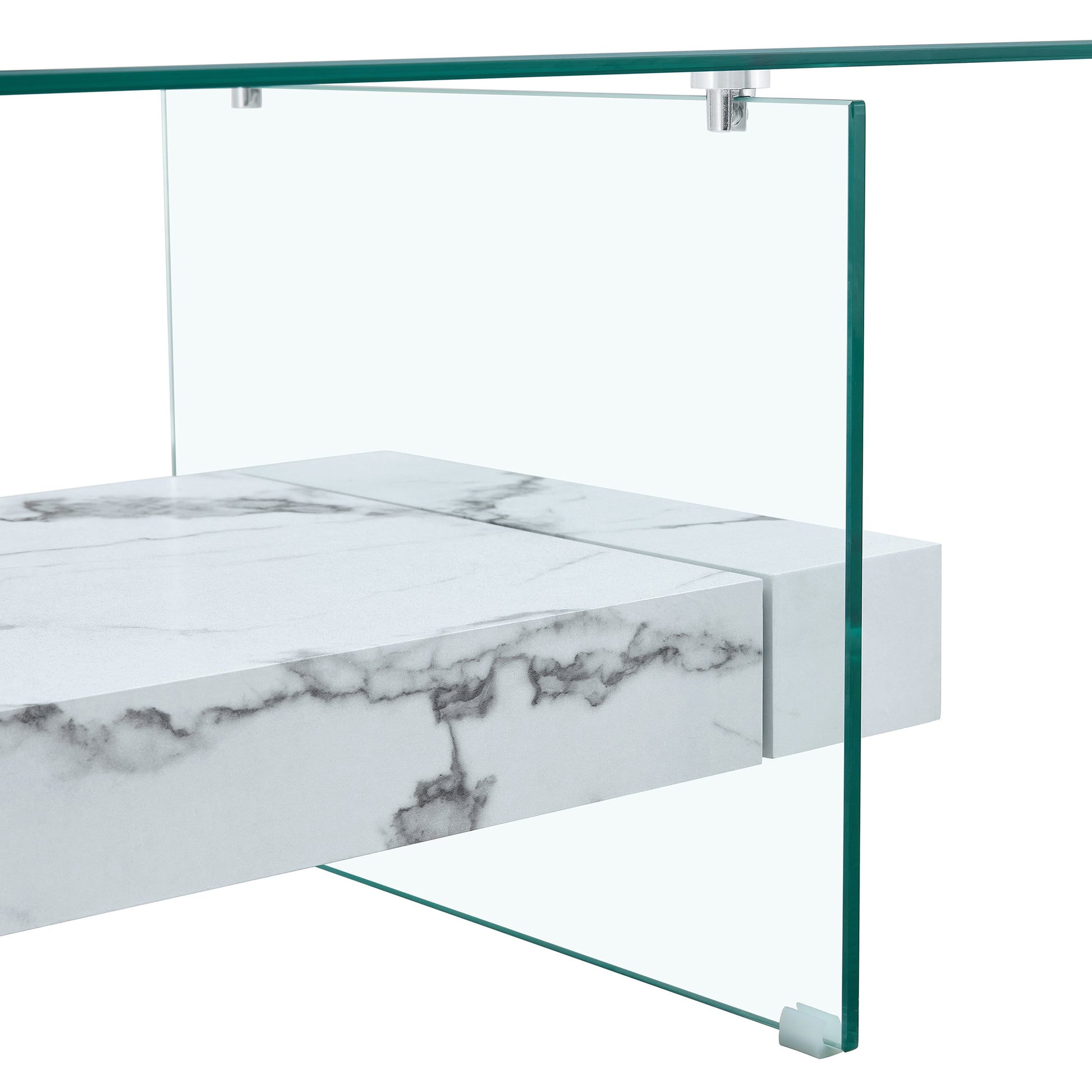Glass coffee table with marble effect shelf and chrome supports