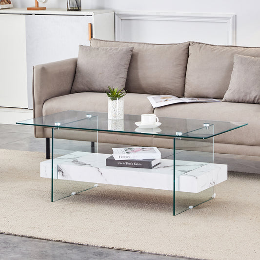 Modern glass coffee table with marble shelf