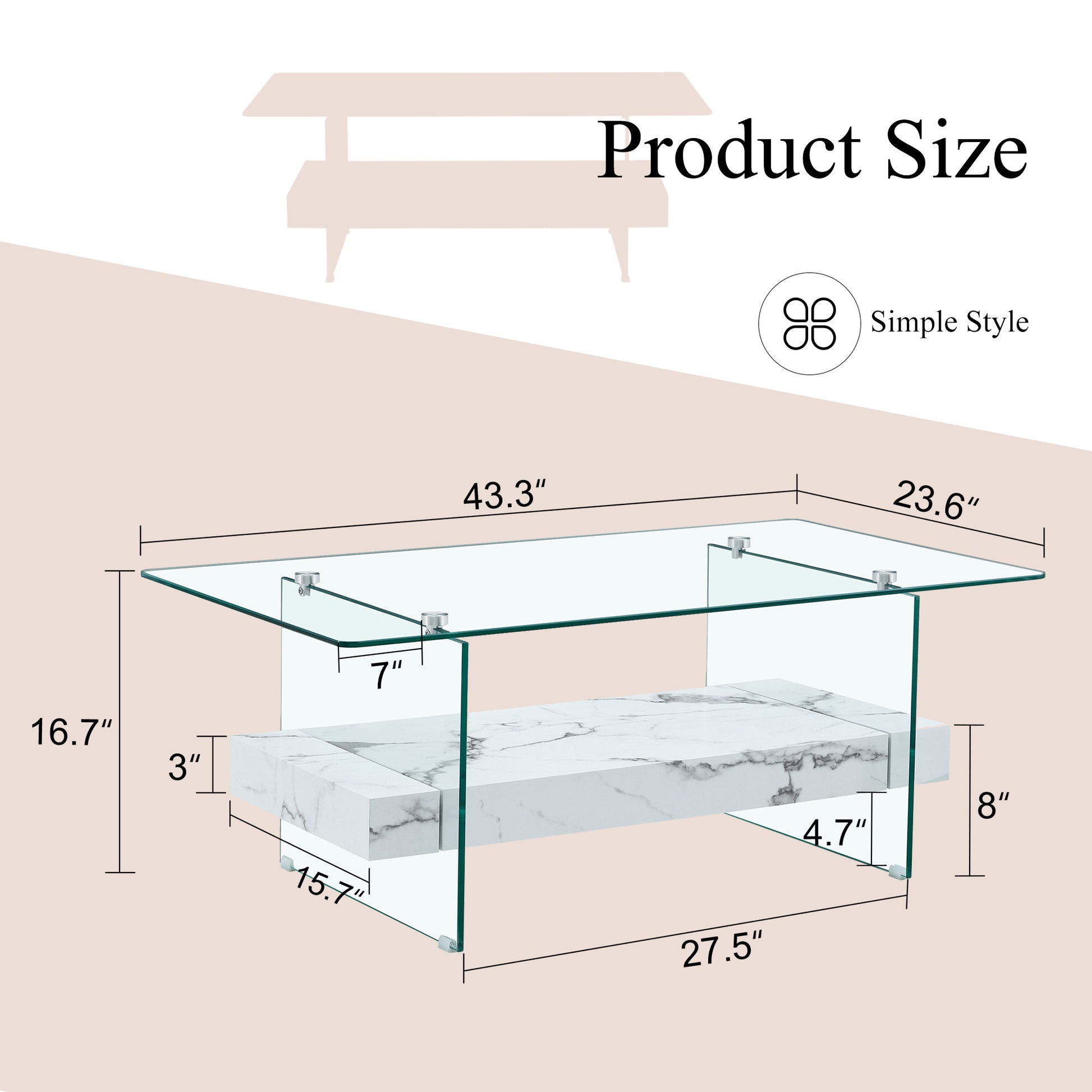 Modern glass coffee table with faux marble shelf dimensions L x W x H