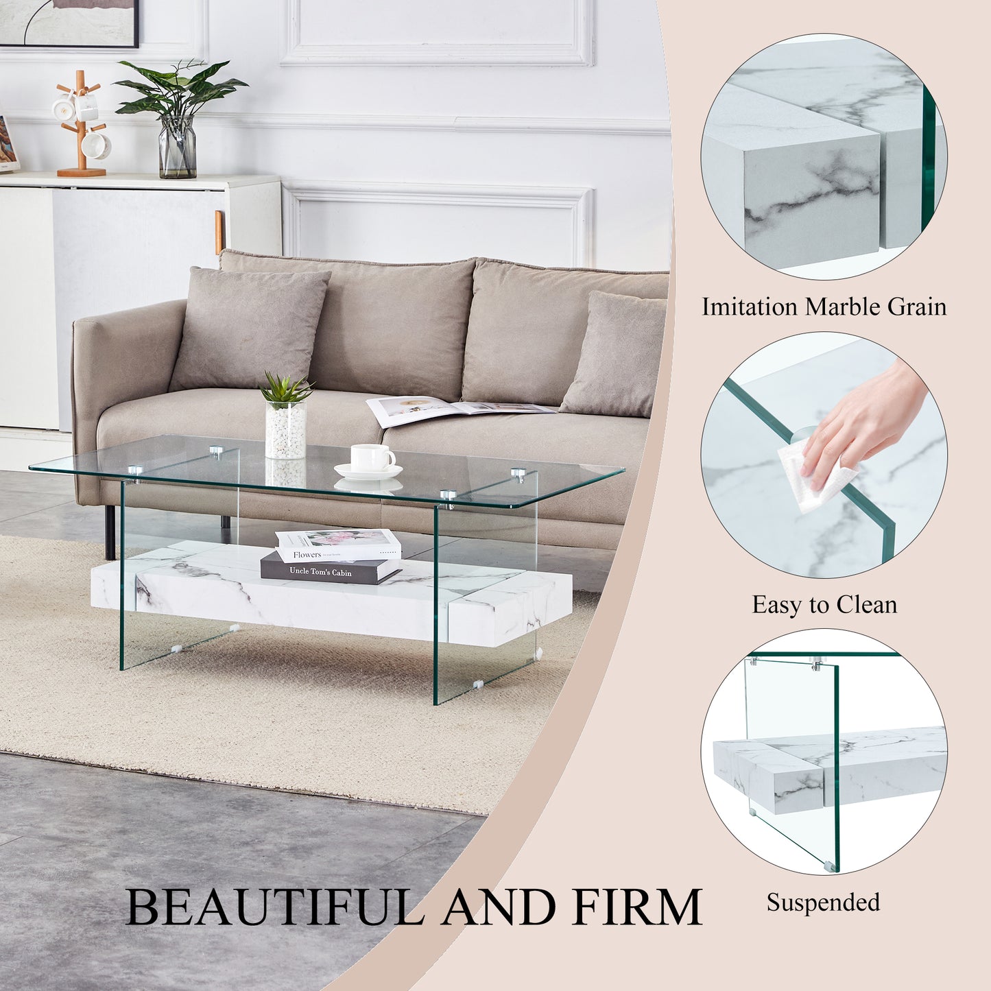 Modern glass coffee table with imitation marble shelf