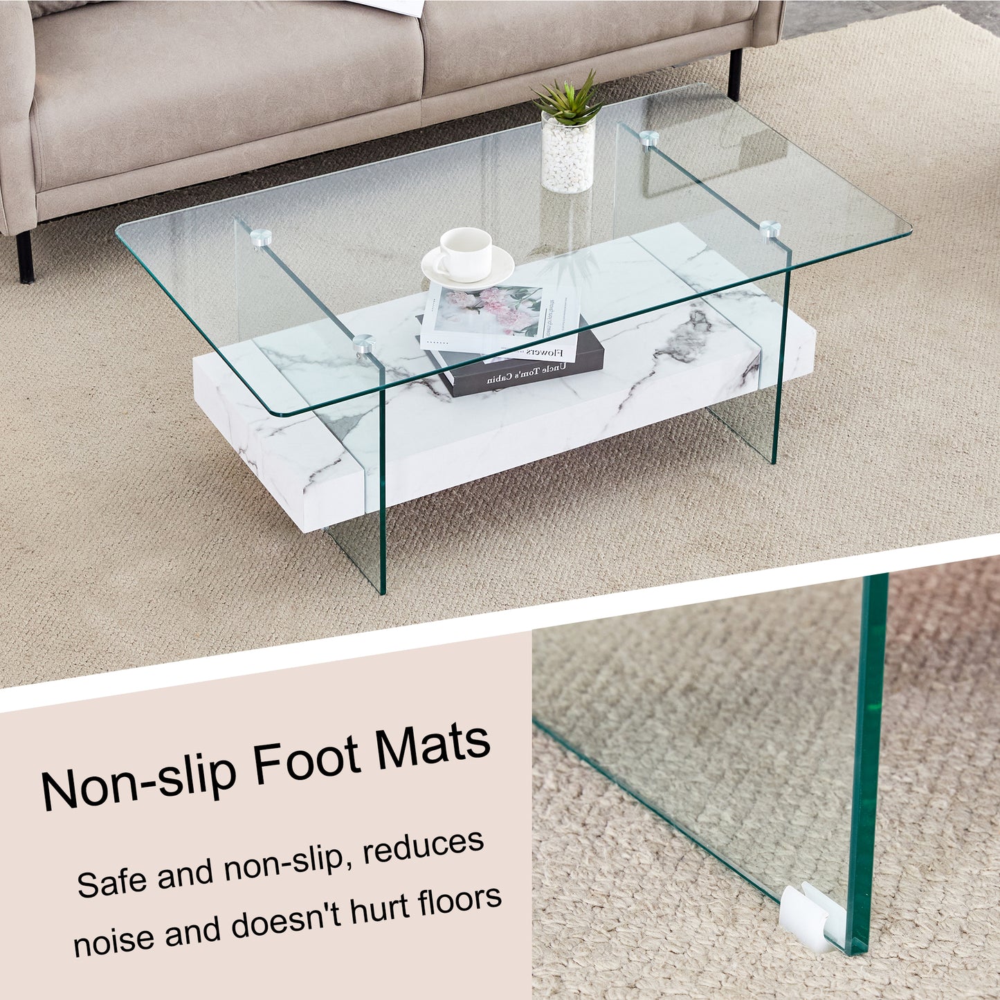 Modern glass coffee table with marble accent shelf