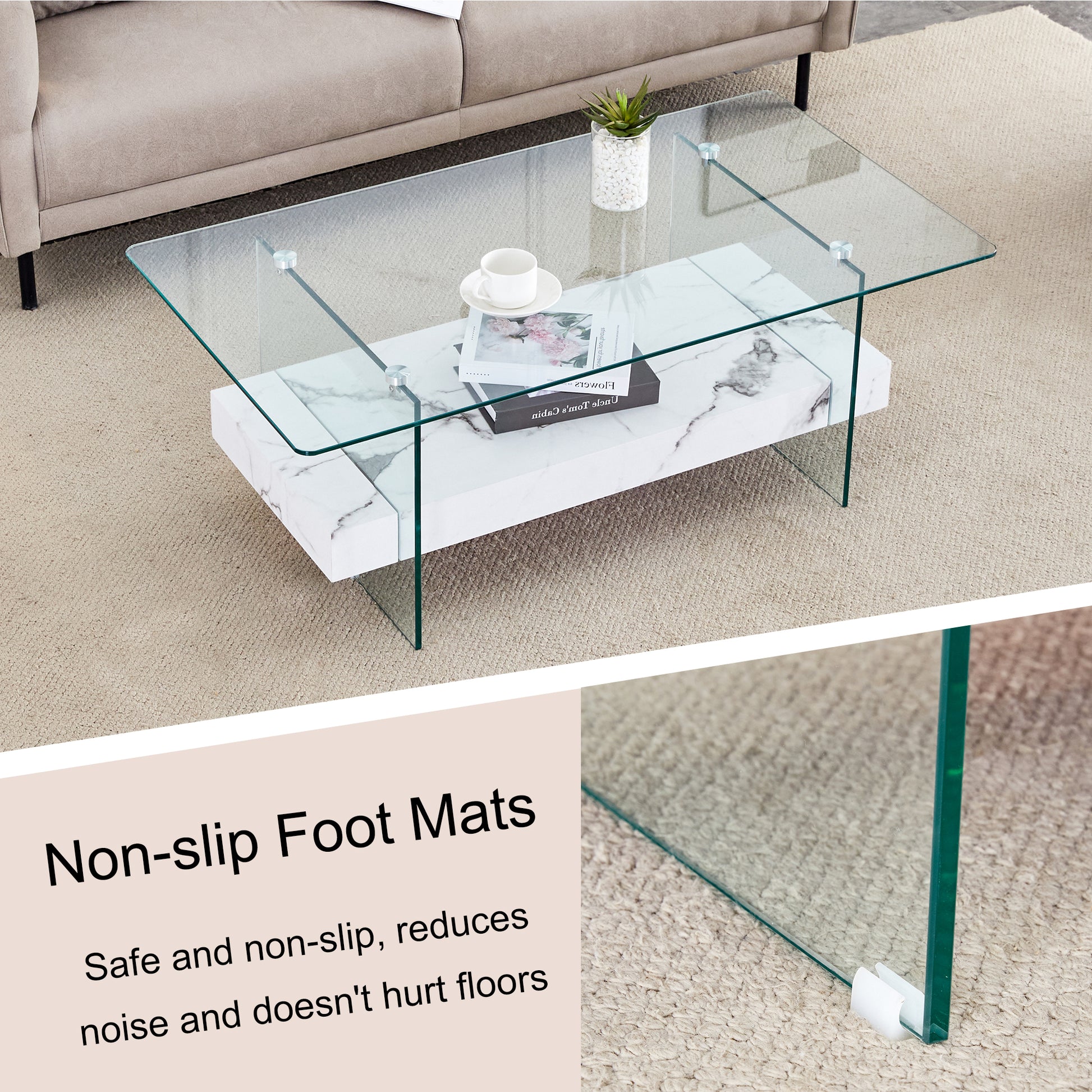 Modern glass coffee table with marble accent shelf
