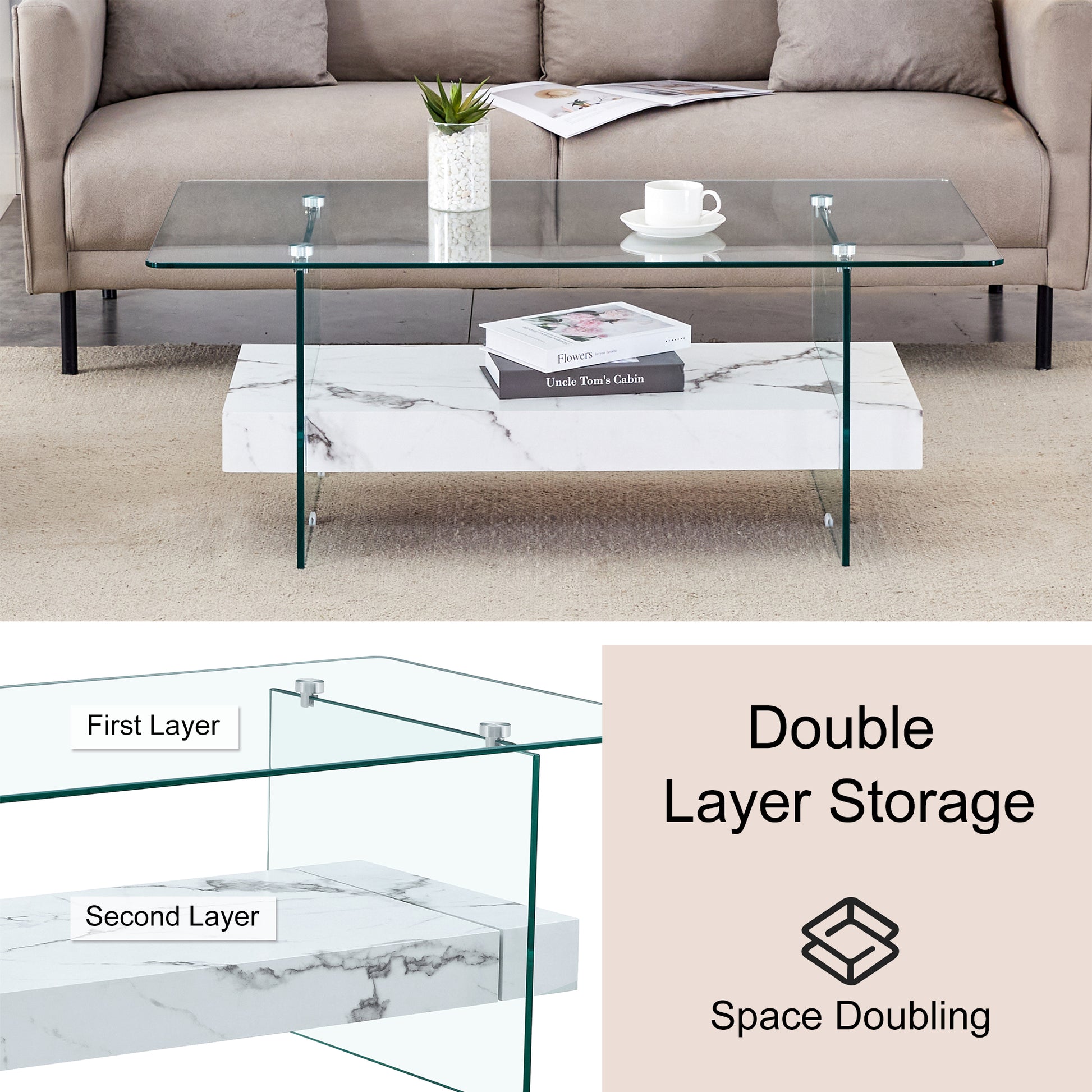 Modern glass coffee table with marble shelf and metal legs