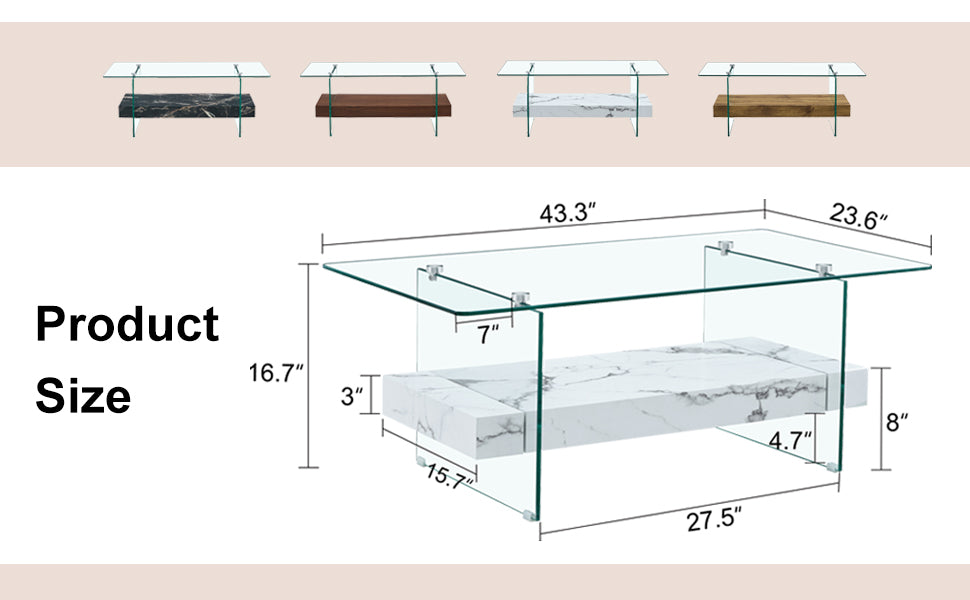 Glass coffee table with white marble shelf modern design  x  x