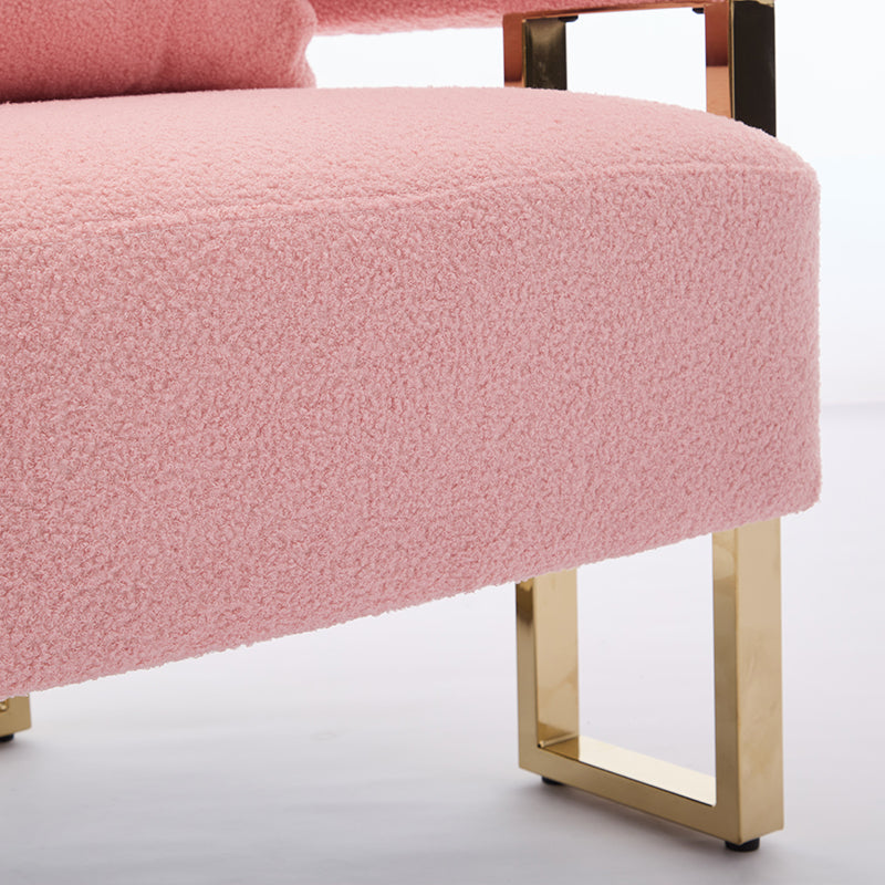 Pink teddy fabric armchair seat with polished gold square legs