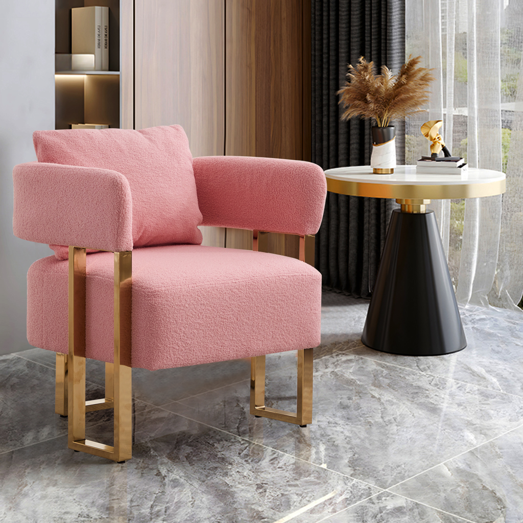 Pink boucle accent chair with gold legs