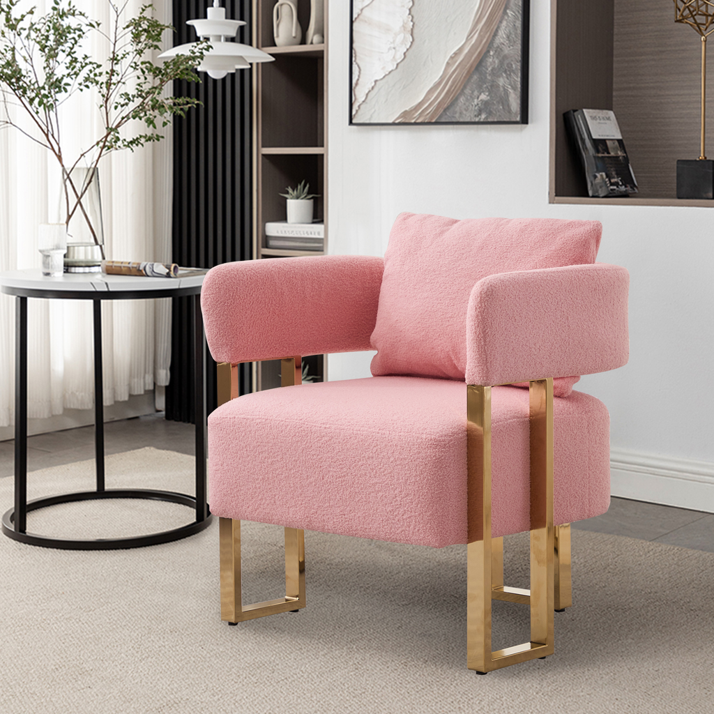 Pink boucl armchair with gold metal legs modern accent chair