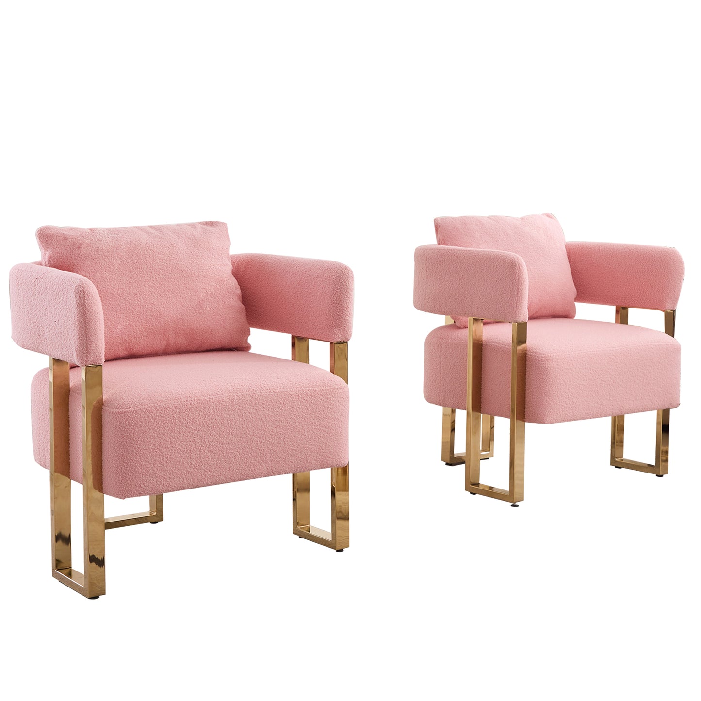 Plush pink armchair with gold metal legs and a comfortable accent pillow