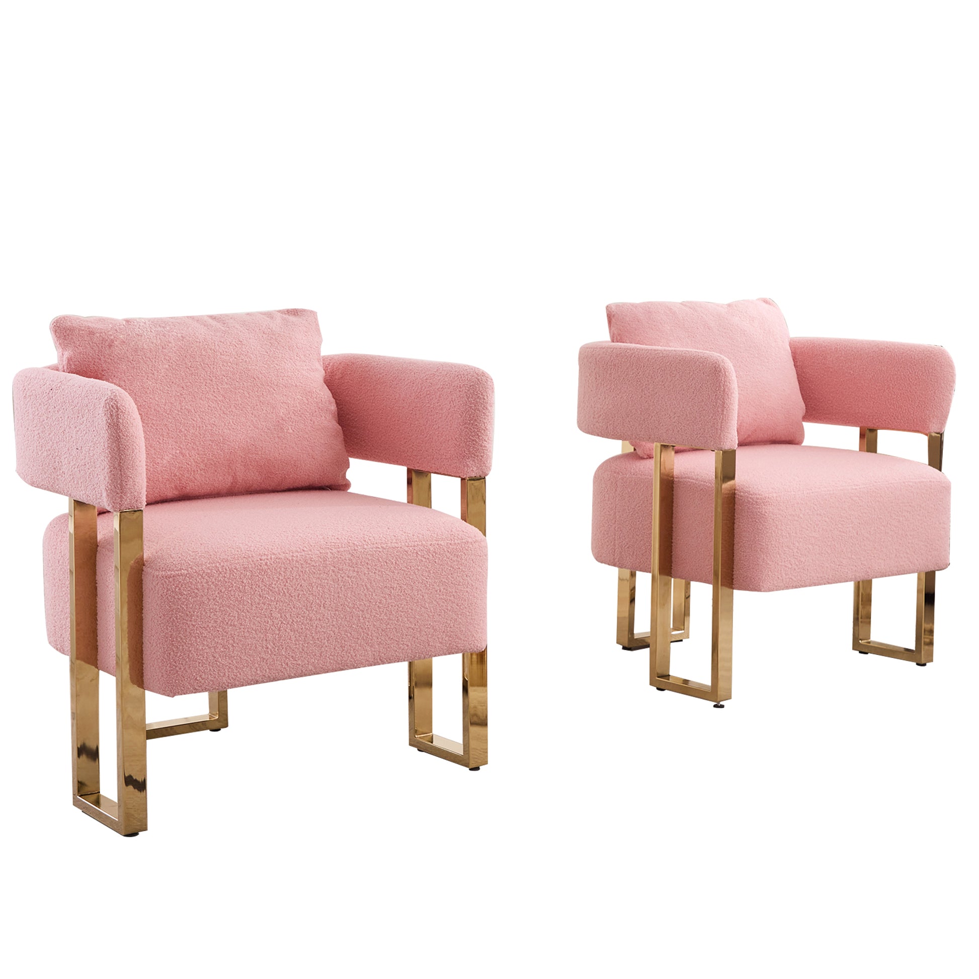 Plush pink armchair with gold metal legs and a comfortable accent pillow