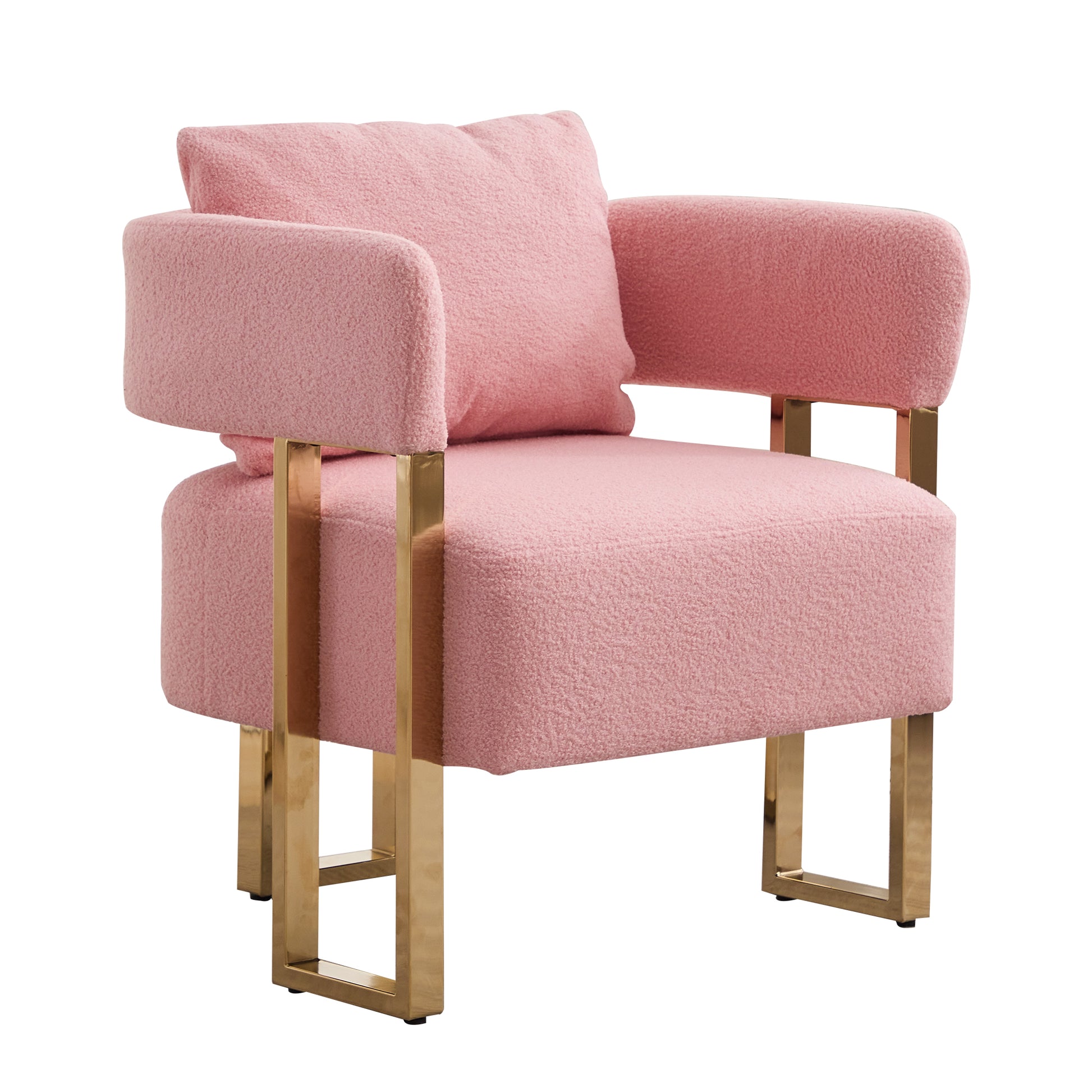 Pink boucle accent chair with gold metal legs