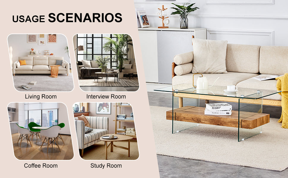 Modern glass coffee table with wood shelf in living room
