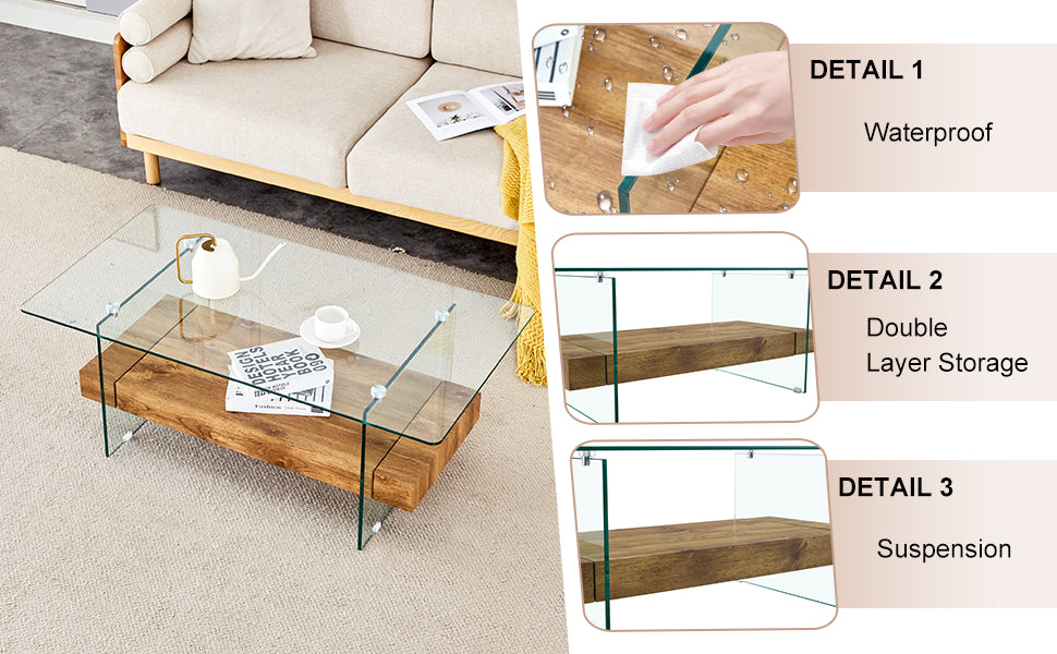 Modern glass coffee table with wooden shelf and clean lines