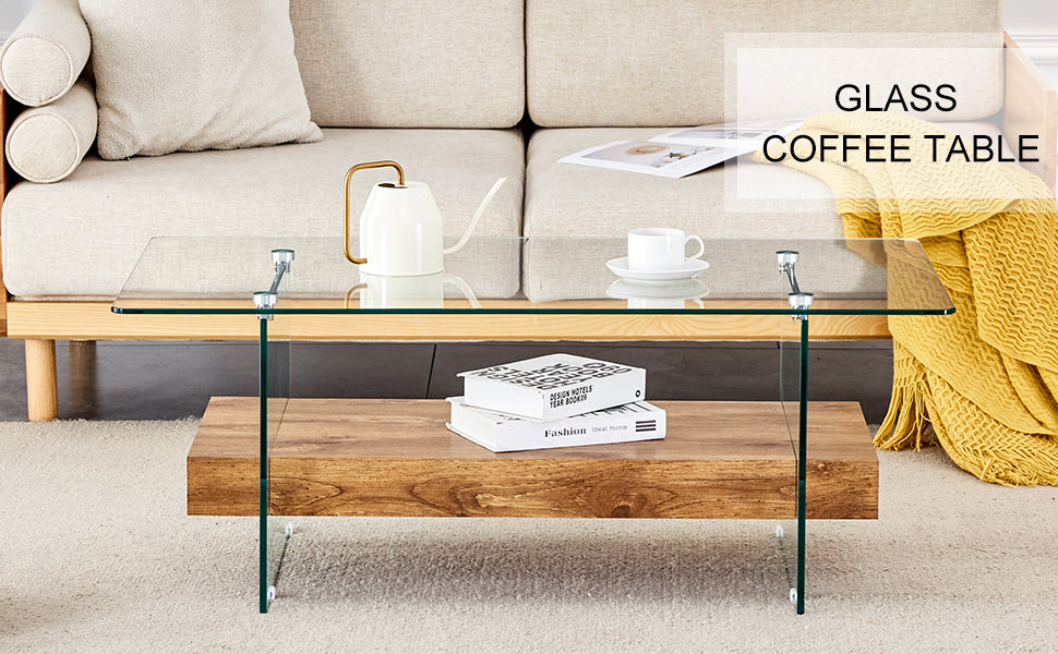Modern glass coffee table with wood shelf