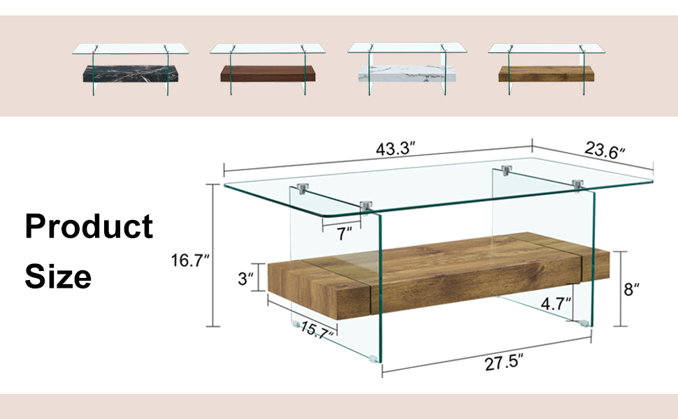 Modern glass coffee table with wood shelf