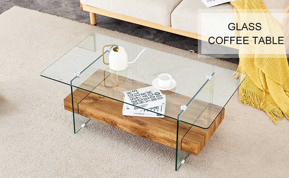 Modern glass coffee table with natural wood shelf