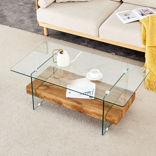 Modern glass coffee table with wooden base and metal watering can