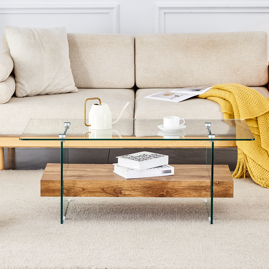 Modern glass coffee table with wooden shelf