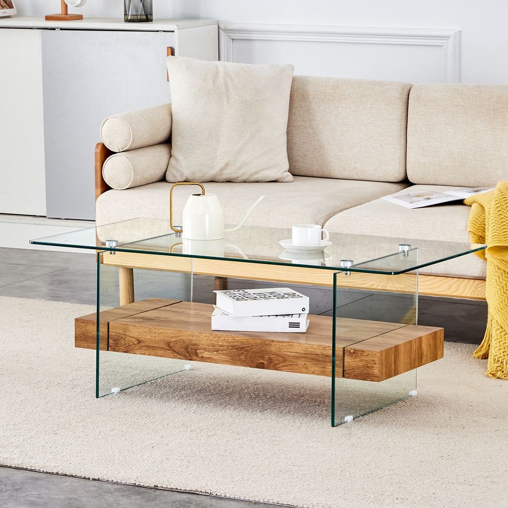 Modern glass coffee table with oak wood shelf