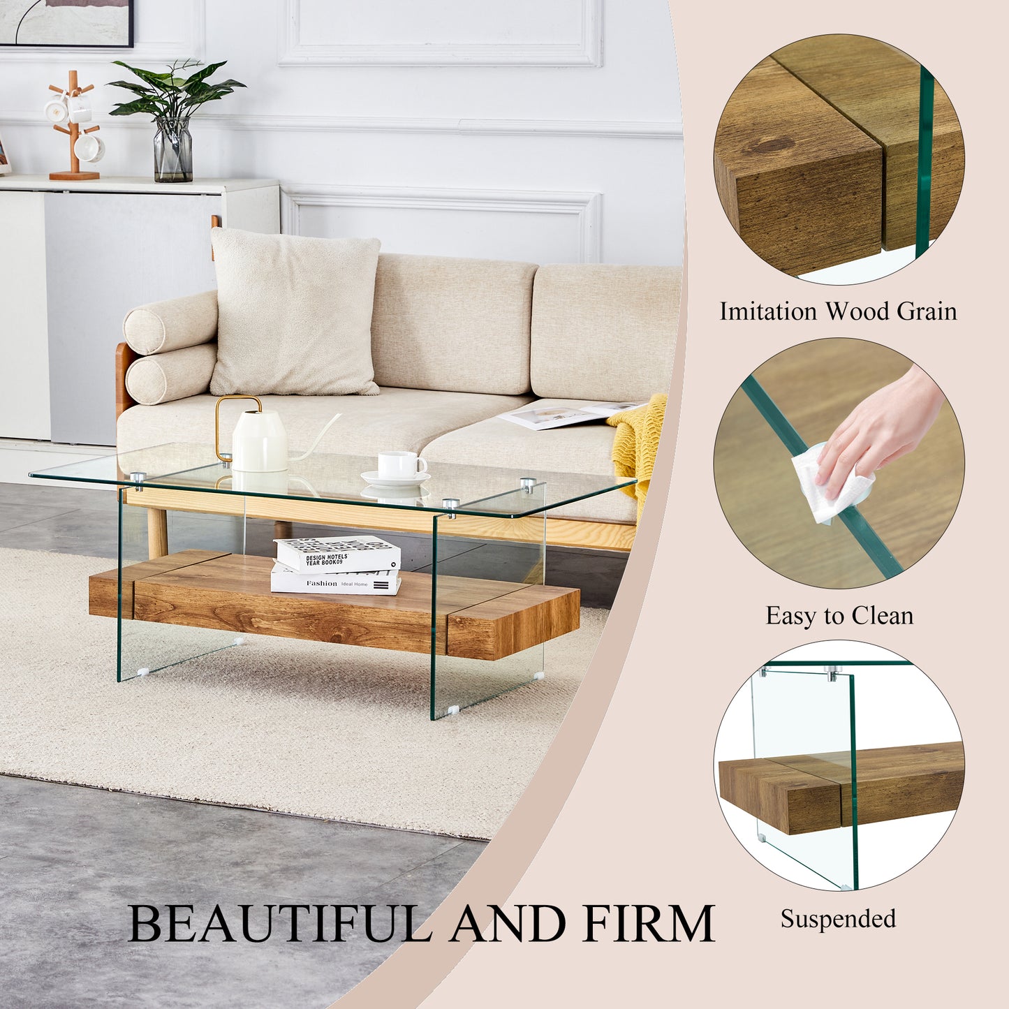 Modern glass coffee table with wood grain shelf