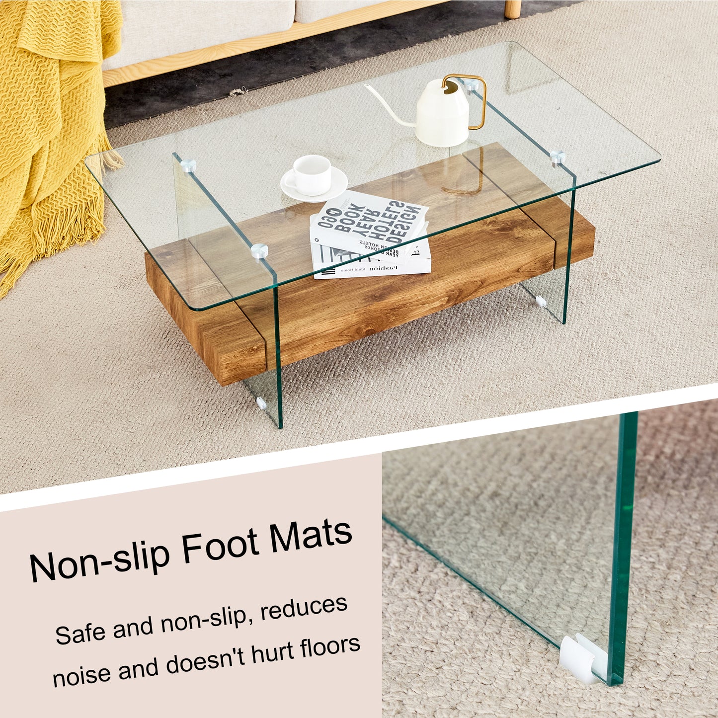 Modern glass coffee table with wood shelf and minimalist design