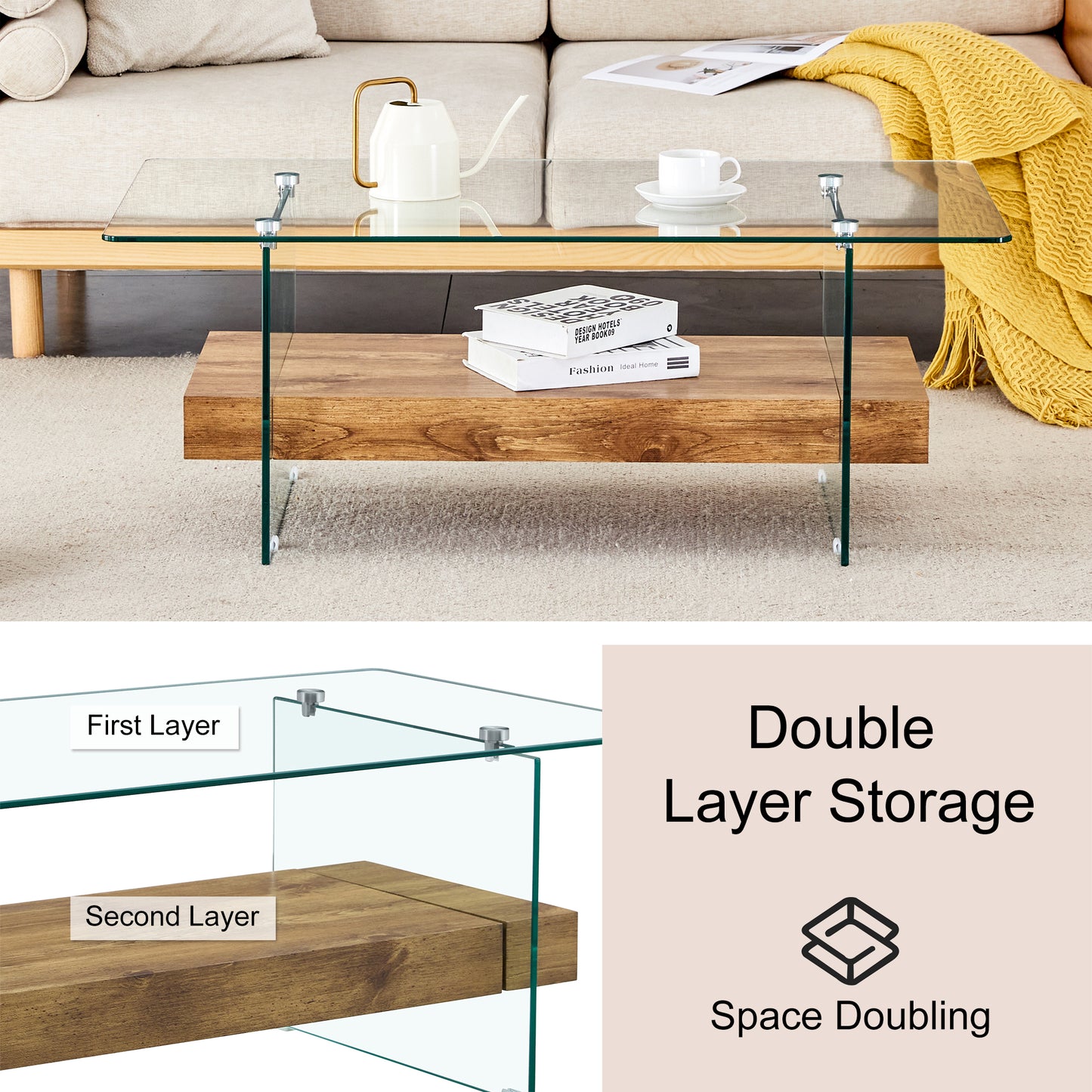 Modern glass coffee table with a rustic wood shelf and metal accents