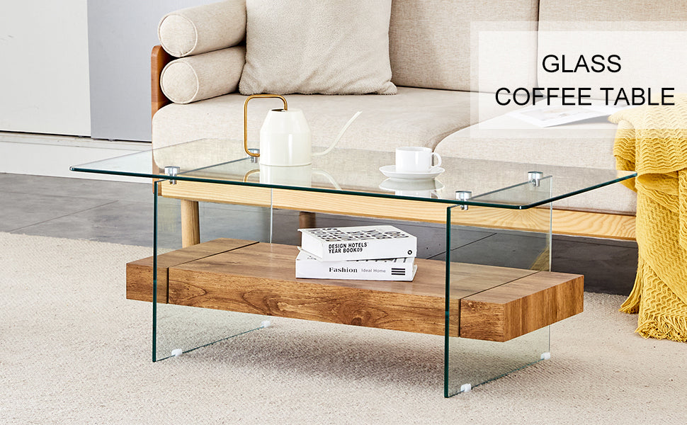 Modern glass coffee table with wooden shelf and clear glass legs