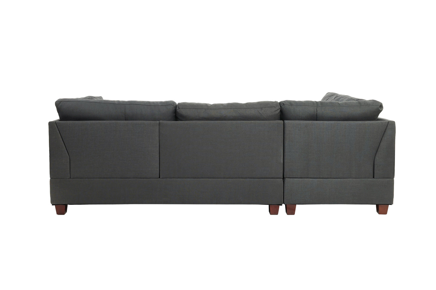 Dark gray fabric sectional sofa viewed from the back with wooden legs