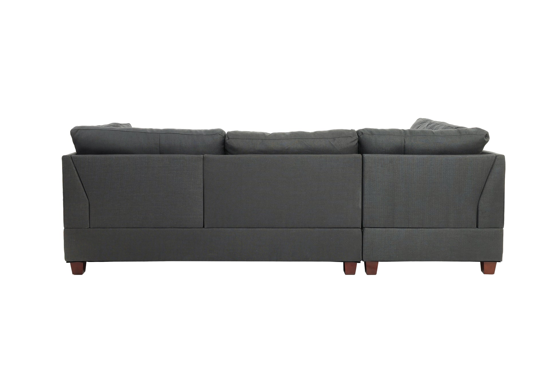 Dark gray fabric sectional sofa viewed from the back with wooden legs