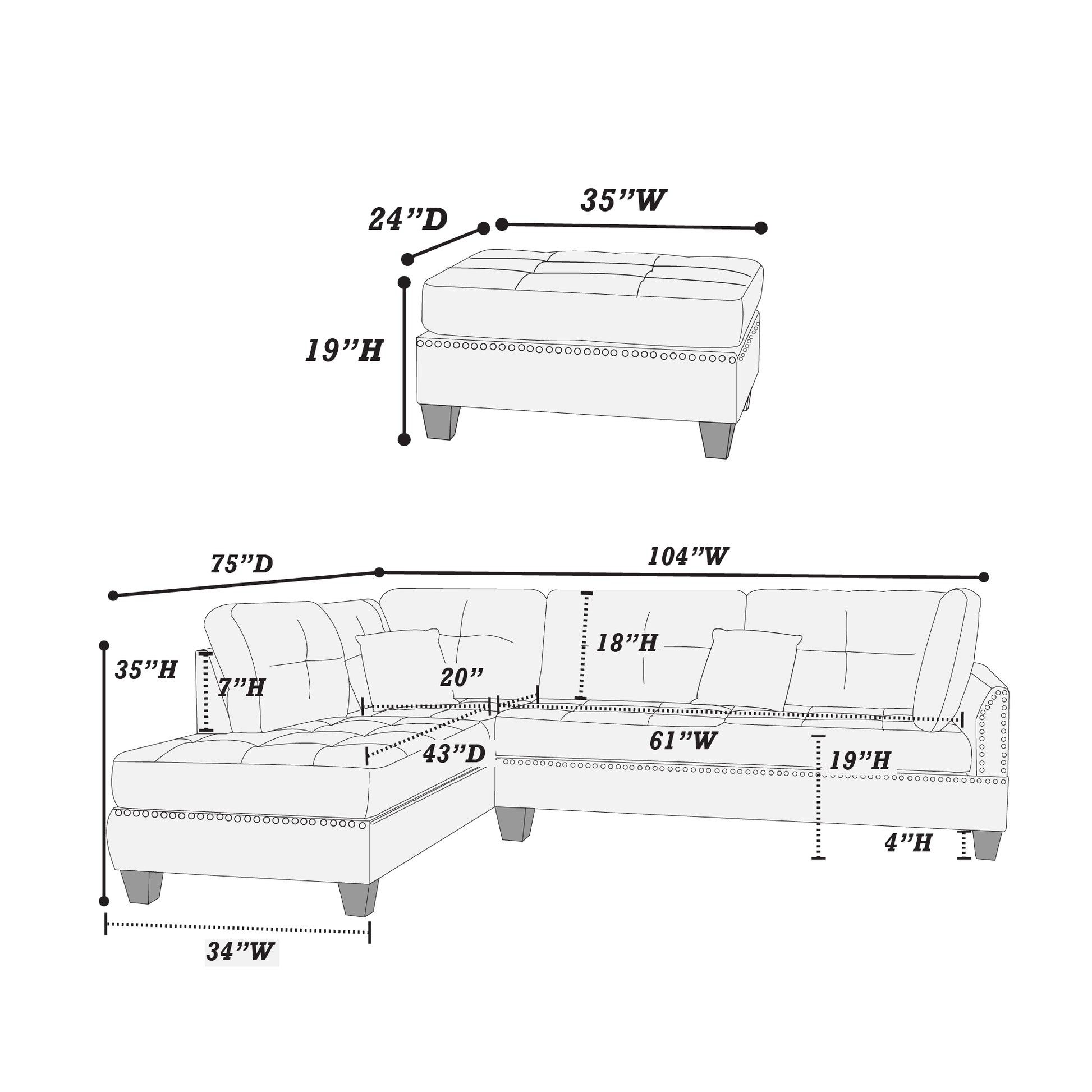 Diagram of sectional sofa and ottoman with dimensions