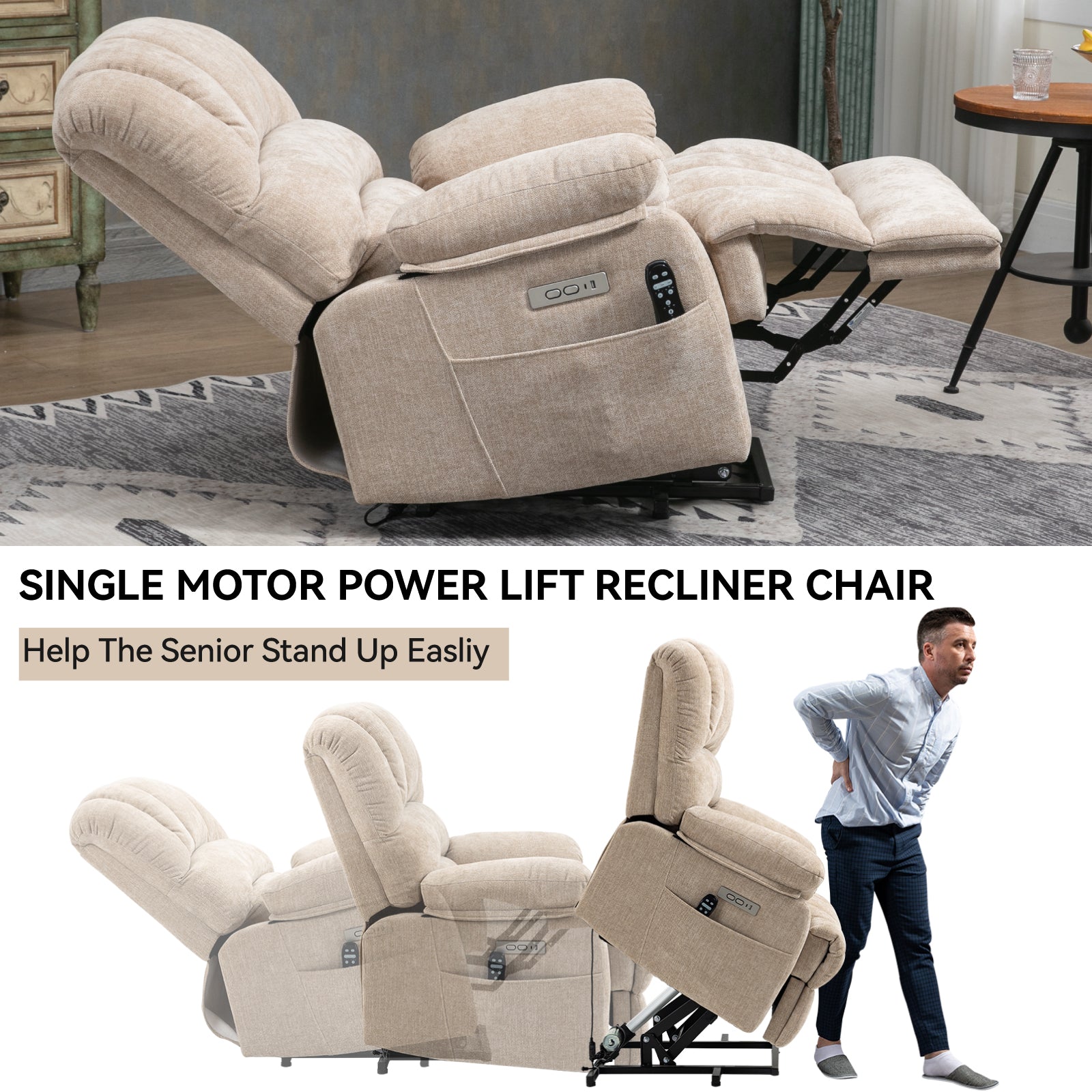 Beige upholstered single motor power lift recliner chair with remote