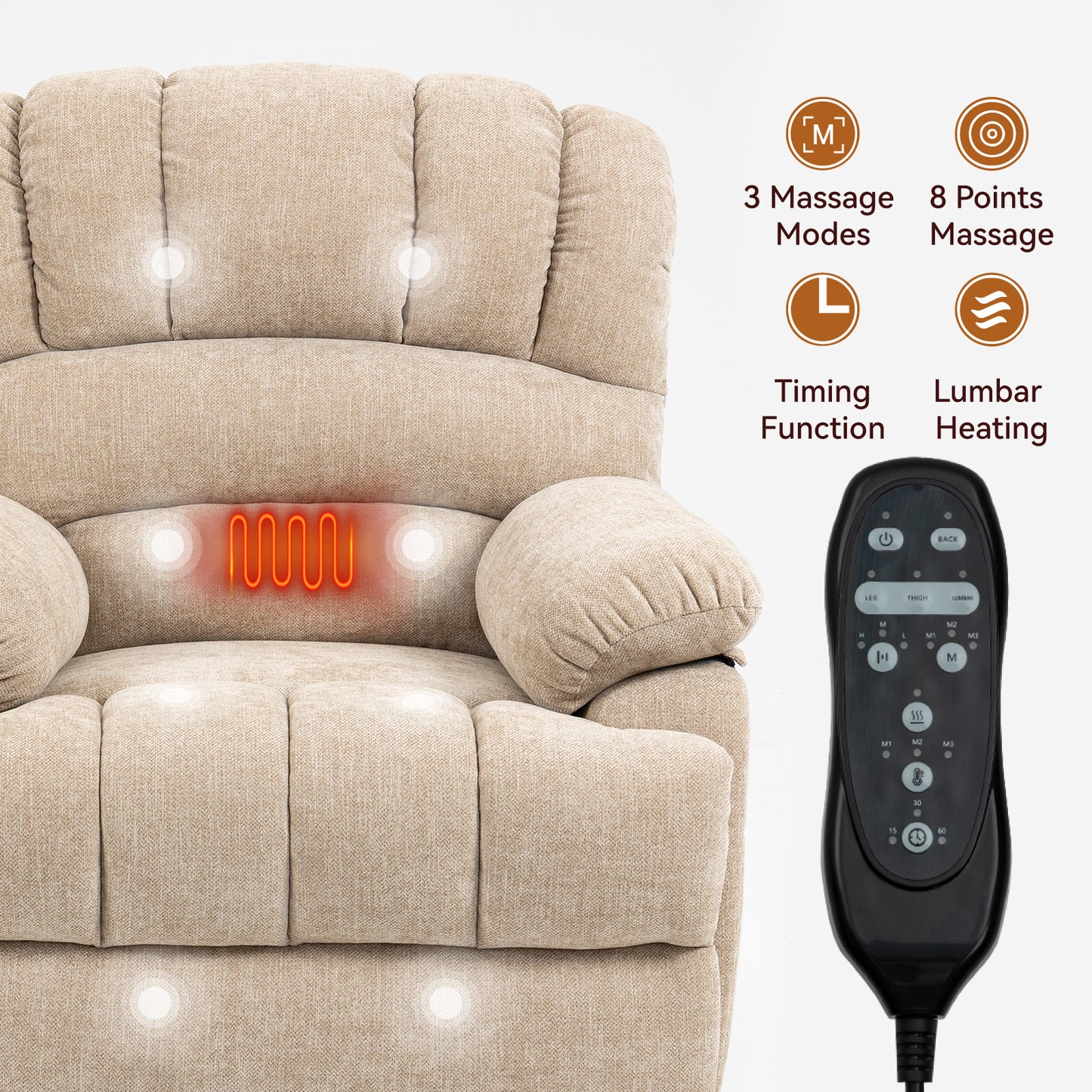 Beige fabric massage recliner with heat function and remote control