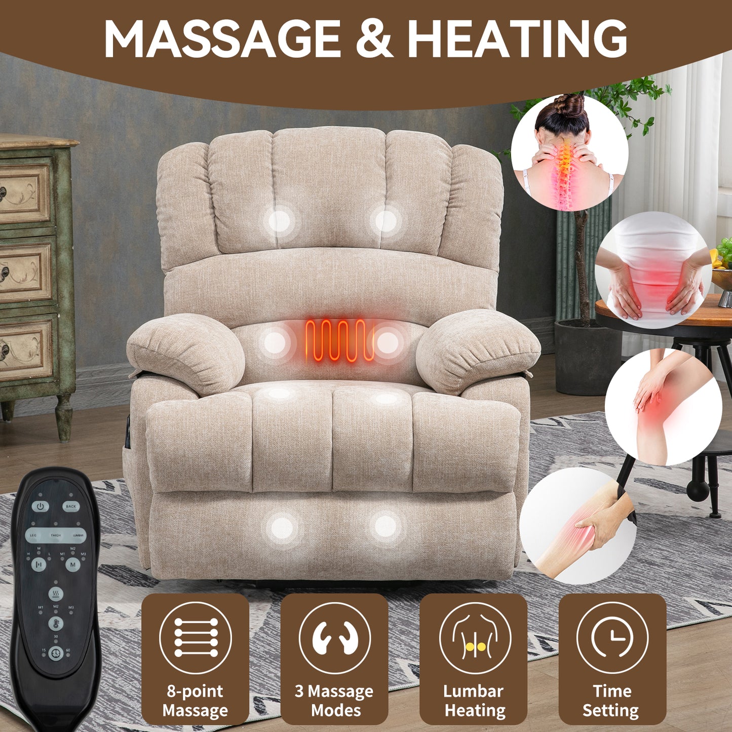 Beige fabric recliner with point massage and lumbar heating