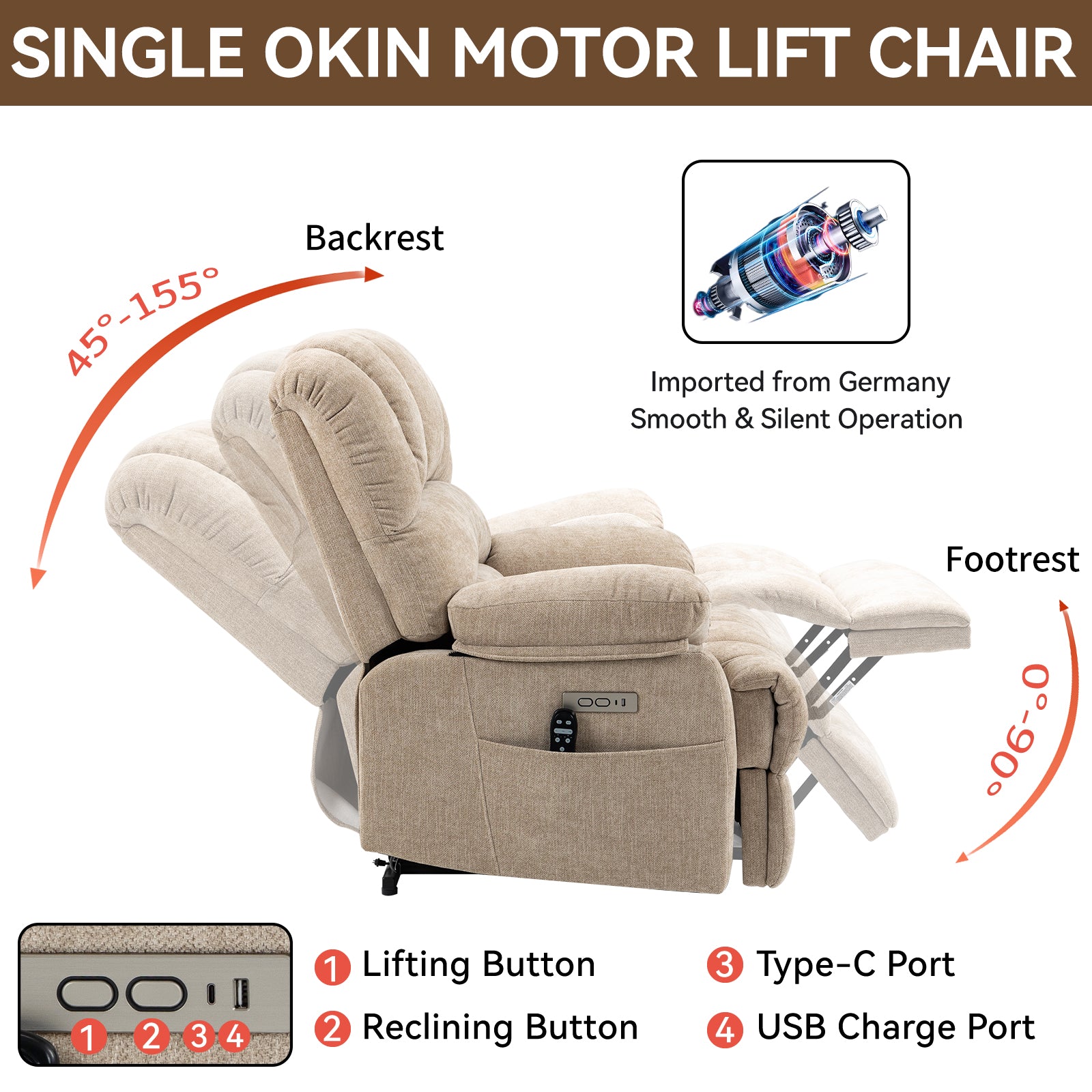 Beige fabric lift chair with adjustable backrest and footrest