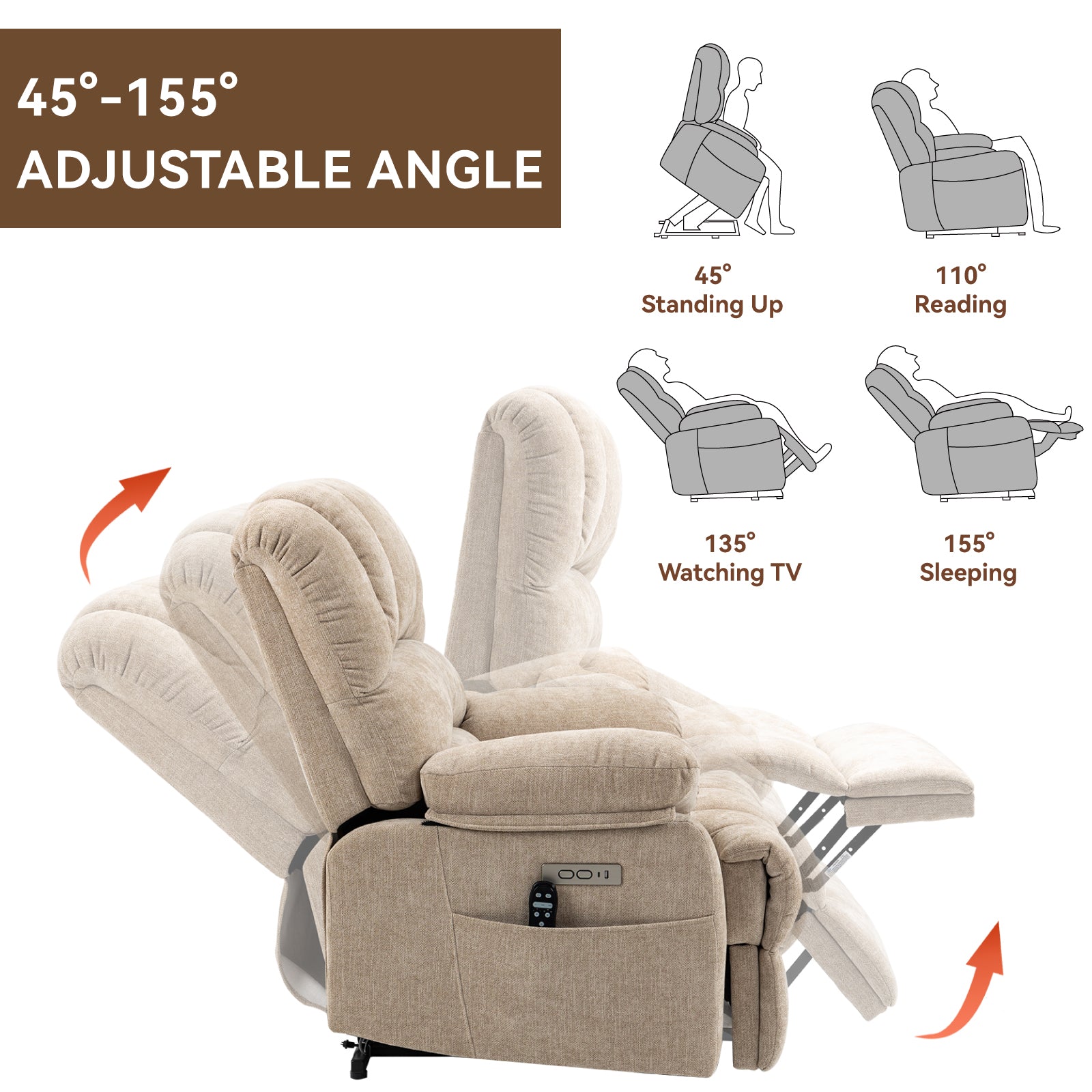 Beige fabric lift chair recliner with adjustable angle from  degrees