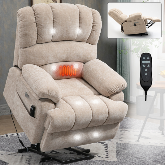 Cream fabric lift recliner with heating and massage functions